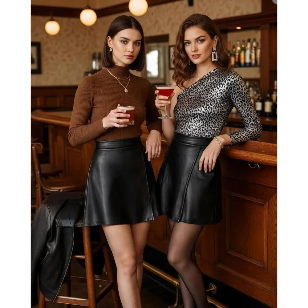 Women's Black High Waist A Lined Faux Leather Trendy Outfit Mini Short Skirts